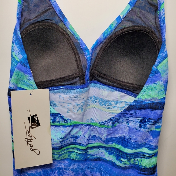 Gottex Blue Halter Tankini Swim Top Multi Watercolor Print Soft Cup - Picture 6 of 7